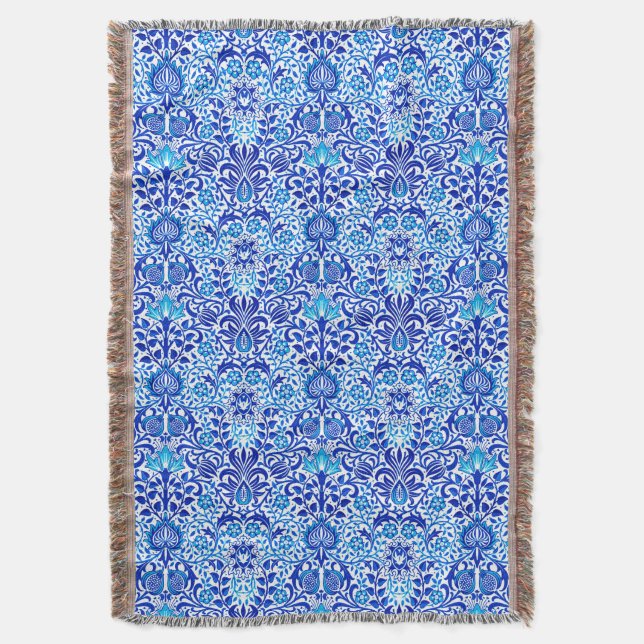 Jacobean Floral Damask, Cobalt Blue and White Throw Blanket (Front Vertical)
