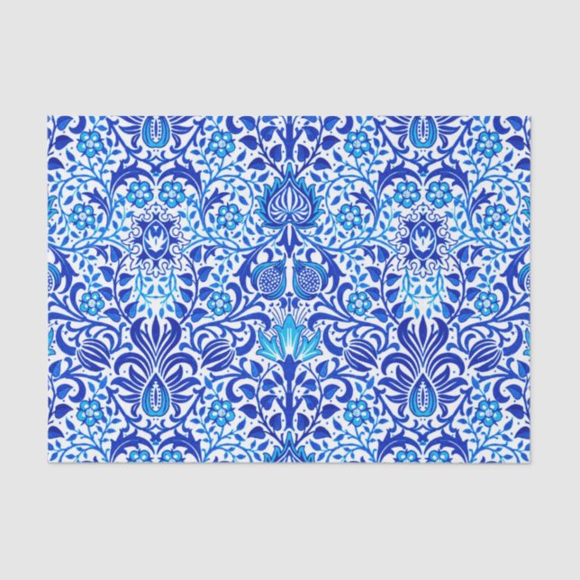 Jacobean Floral Damask, Cobalt Blue and White Tissue Paper (Front)
