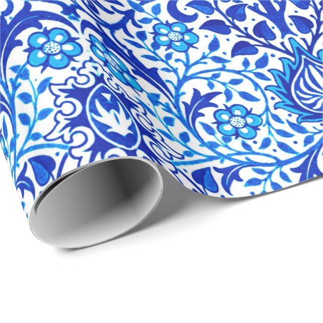 Jacobean Floral Damask, Cobalt Blue and White Wrapping Paper (Roll Corner)