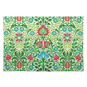 Jacobean Floral Damask, Green and Coral Red Cloth Placemat