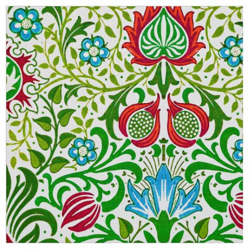 Jacobean Floral Damask, Green and Coral Red Fabric