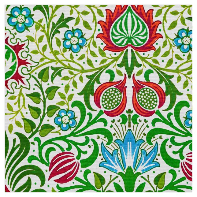 Jacobean Floral Damask, Green and Coral Red Fabric (Swatch)