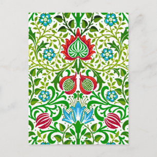 Jacobean Floral Damask, Green and Coral Red Postcard
