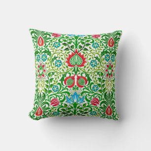 Jacobean Floral Damask, Green and Coral Red Throw Pillow