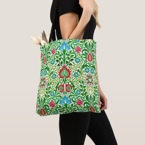 Jacobean Floral Damask Green and Coral Red Tote Bag