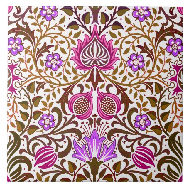 Jacobean Floral Damask, Pink, Violet and Brown Ceramic Tile (Front)