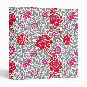 Jacobean Floral , Deep Red Pink and Gray 3 Ring Binder
