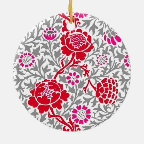Jacobean Floral Deep Red Pink and Gray Ceramic O Ceramic Ornament