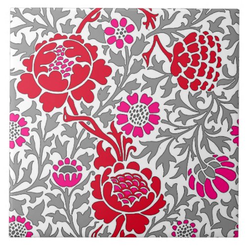 Jacobean Floral  Deep Red Pink and Gray Ceramic Tile