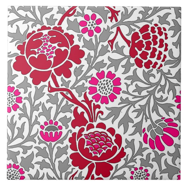 Jacobean Floral , Deep Red Pink and Gray Ceramic Tile (Front)