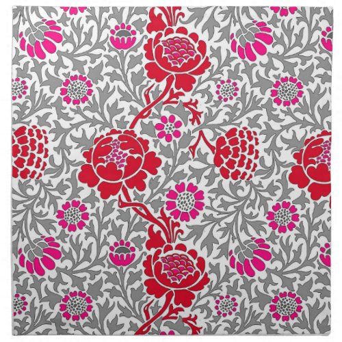 Jacobean Floral  Deep Red Pink and Gray Cloth Napkin