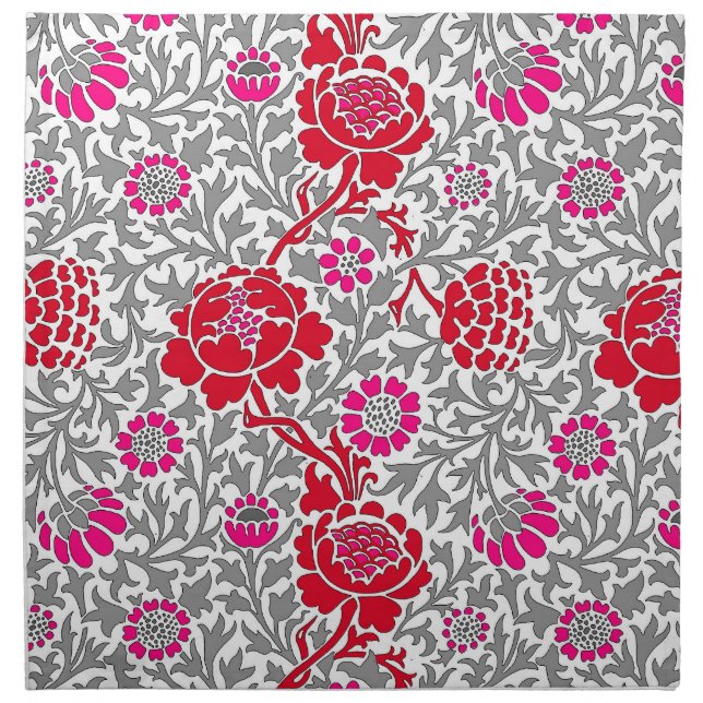 Jacobean Floral , Deep Red Pink and Gray Cloth Napkin (Front)