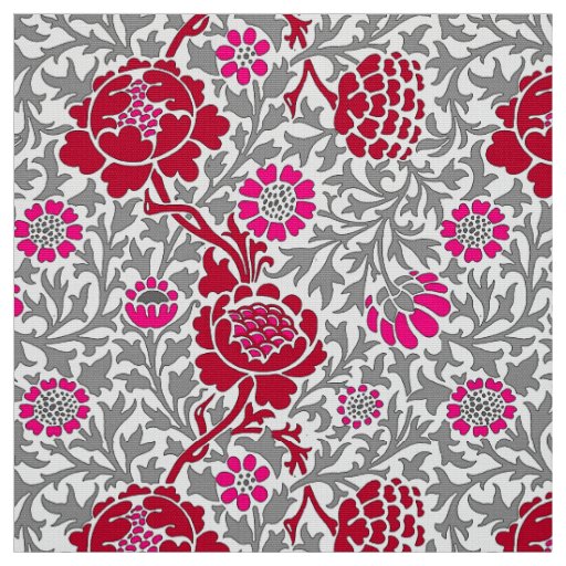 Jacobean Floral , Deep Red Pink and Gray Fabric