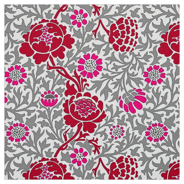 Jacobean Floral , Deep Red Pink and Gray Fabric (Swatch)