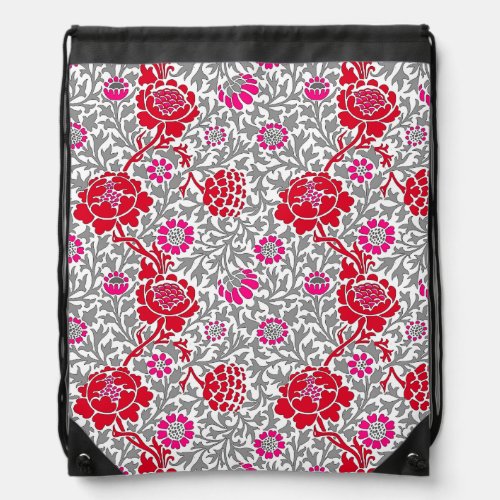 Jacobean Floral  Deep Red Pink and Gray Messenger Drawstring Bag