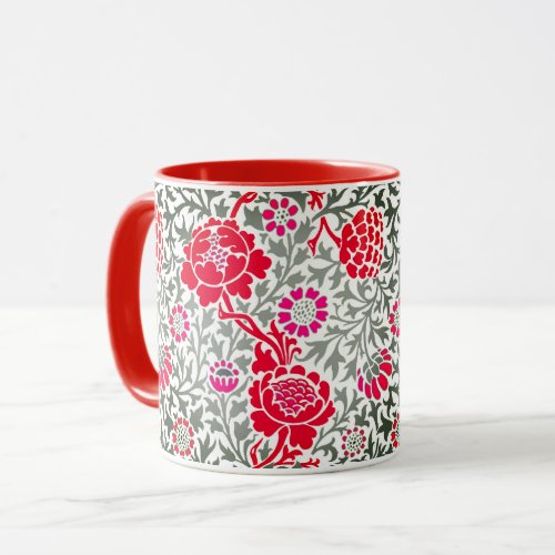 Jacobean Floral Deep Red Pink and Gray Mug