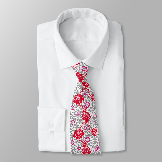Jacobean Floral, Deep Red, Pink and Gray Neck Tie (Tied)