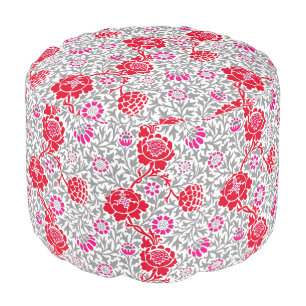 Jacobean Floral, Deep Red, Pink and Gray Pouf