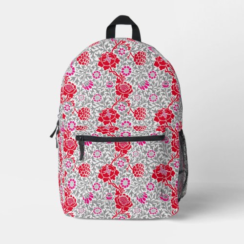 Jacobean Floral Deep Red Pink and Gray Printed Backpack
