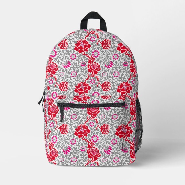 Jacobean Floral, Deep Red, Pink and Gray Printed Backpack (Front)