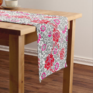 Jacobean Floral , Deep Red Pink and Gray Short Table Runner