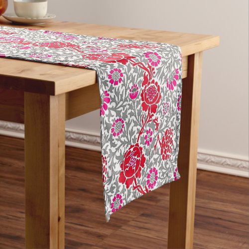 Jacobean Floral  Deep Red Pink and Gray Short Table Runner