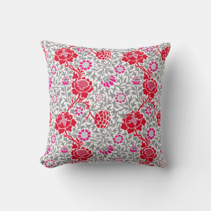 Jacobean Floral, Deep Red, Pink and Gray Throw Pillow