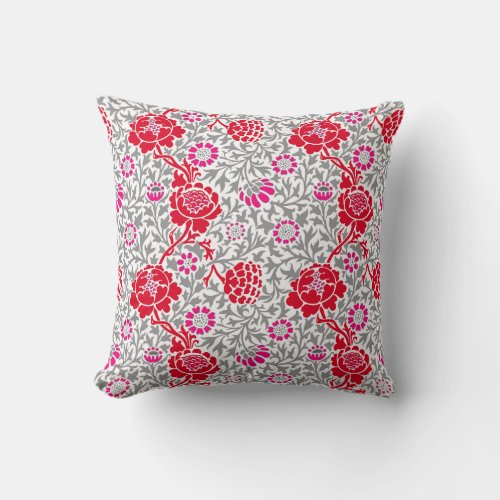 Jacobean Floral Deep Red Pink and Gray Throw Pillow