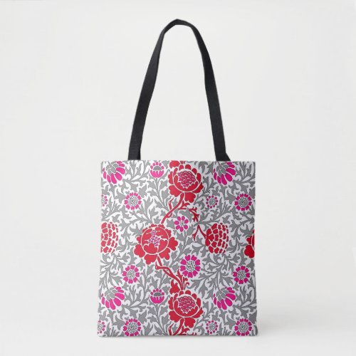 Jacobean Floral  Deep Red Pink and Gray Tote Bag