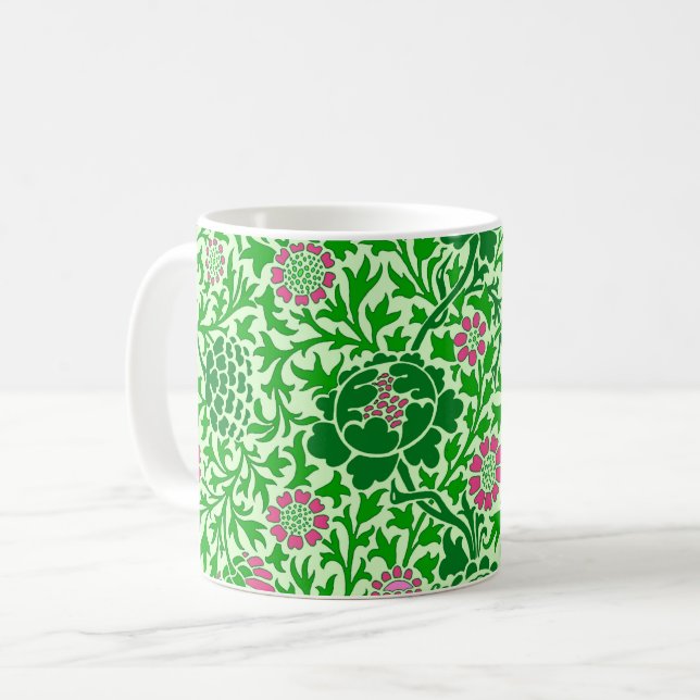 Jacobean Floral, Emerald and Lime Green Coffee Mug (Front Left)