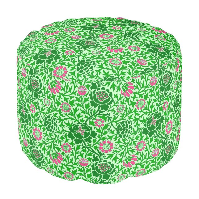 Jacobean Floral, Emerald and Lime Green Pouf (Angled Front)