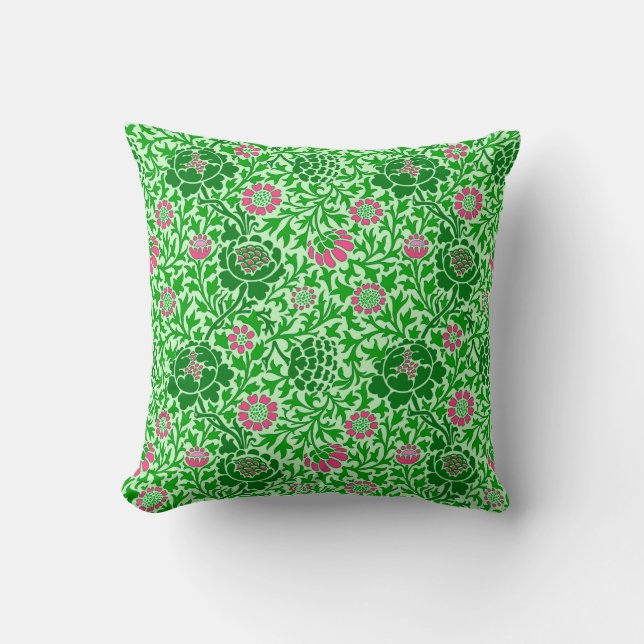 Jacobean Floral, Emerald and Lime Green Throw Pillow (Front)