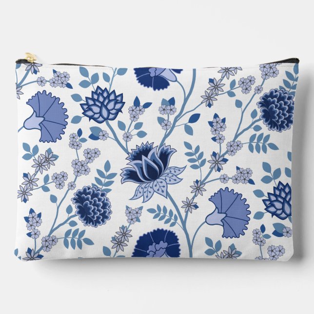 Jacobean Floral Lg Pattern Blue on White Accessory Pouch (Front)