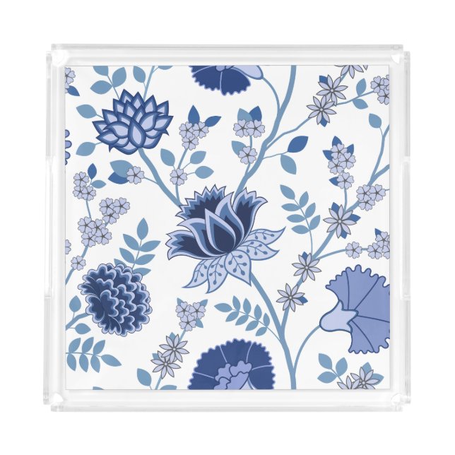 Jacobean Floral Lg Pattern Blue on White Acrylic Tray (Front)