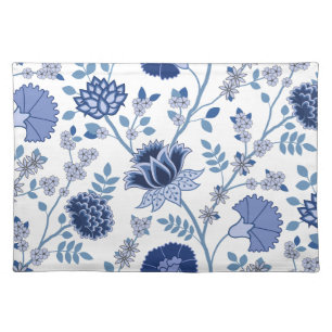 Jacobean Floral Lg Pattern Blue on White Cloth Placemat