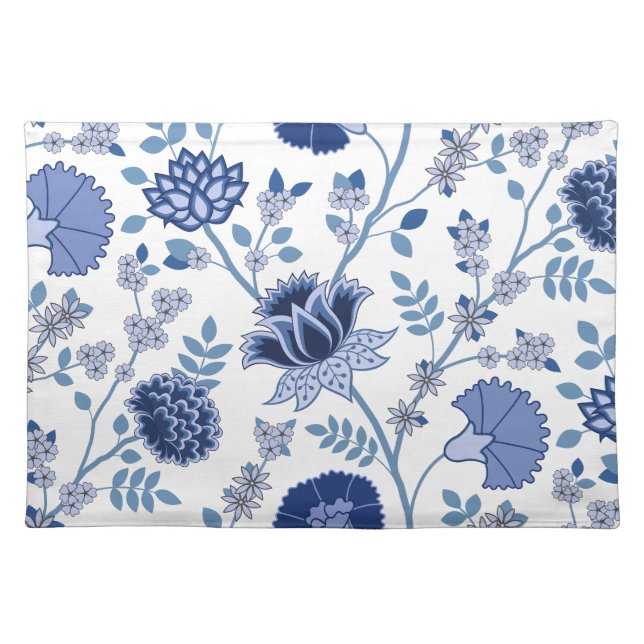 Jacobean Floral Lg Pattern Blue on White Cloth Placemat (Front)