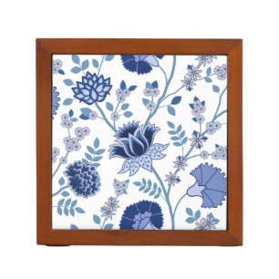 Jacobean Floral Lg Pattern Blue on White Desk Organizer