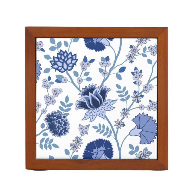 Jacobean Floral Lg Pattern Blue on White Desk Organizer (Front)