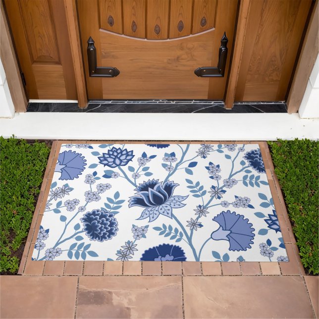 Jacobean Floral Lg Pattern Blue on White Doormat (Outdoor)