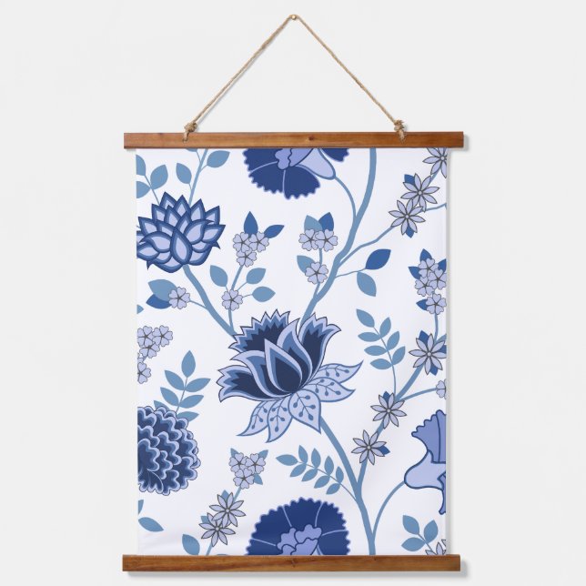 Jacobean Floral Lg Pattern Blue on White Hanging Tapestry (Front)