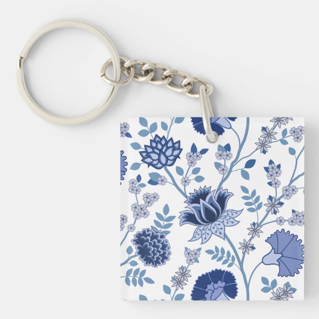 Jacobean Floral Lg Pattern Blue on White Keychain (Front)