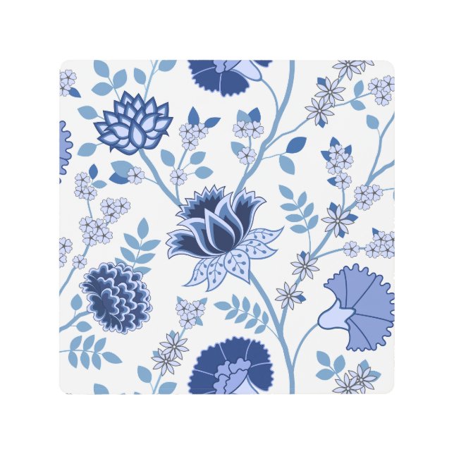 Jacobean Floral Lg Pattern Blue on White Metal Print (Front)