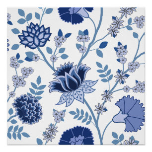 Jacobean Floral Lg Pattern Blue on White Poster