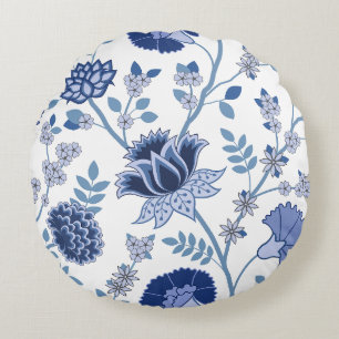 Jacobean Floral Lg Pattern Blue on White Round Pillow