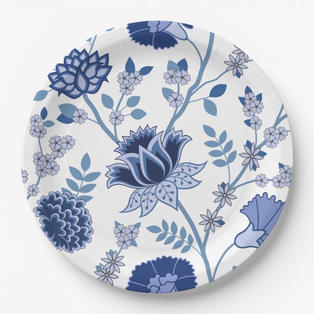 Jacobean Floral Lg Pattern Blues on White Paper Plates (Front)