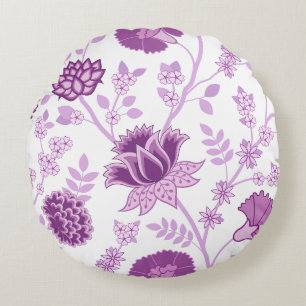 Jacobean Floral Lg Pattern Pinks on White Round Pillow