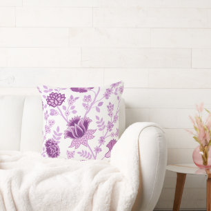 Jacobean Floral Lg Pattern Pinks on White Throw Pillow