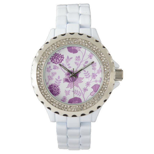 Jacobean Floral Lg Pattern Pinks on White Watch (Front)