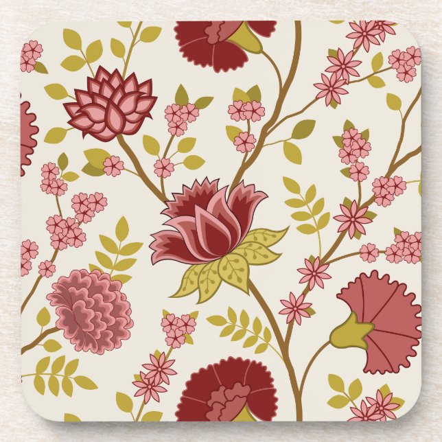 Jacobean Floral Lg Pattern Reds Pinks Gold Cream Beverage Coaster (Front)