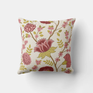 Jacobean Floral Lg Pattern Reds Pinks Gold Cream Outdoor Pillow
